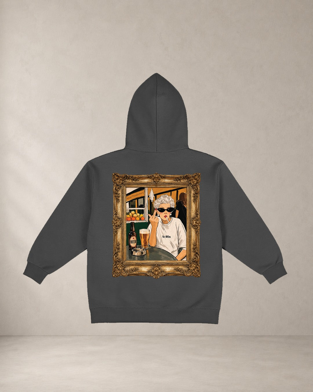 HOODIE GRANNY, oversized hoodie AέRis, πίσω όψη σε ανθρακί