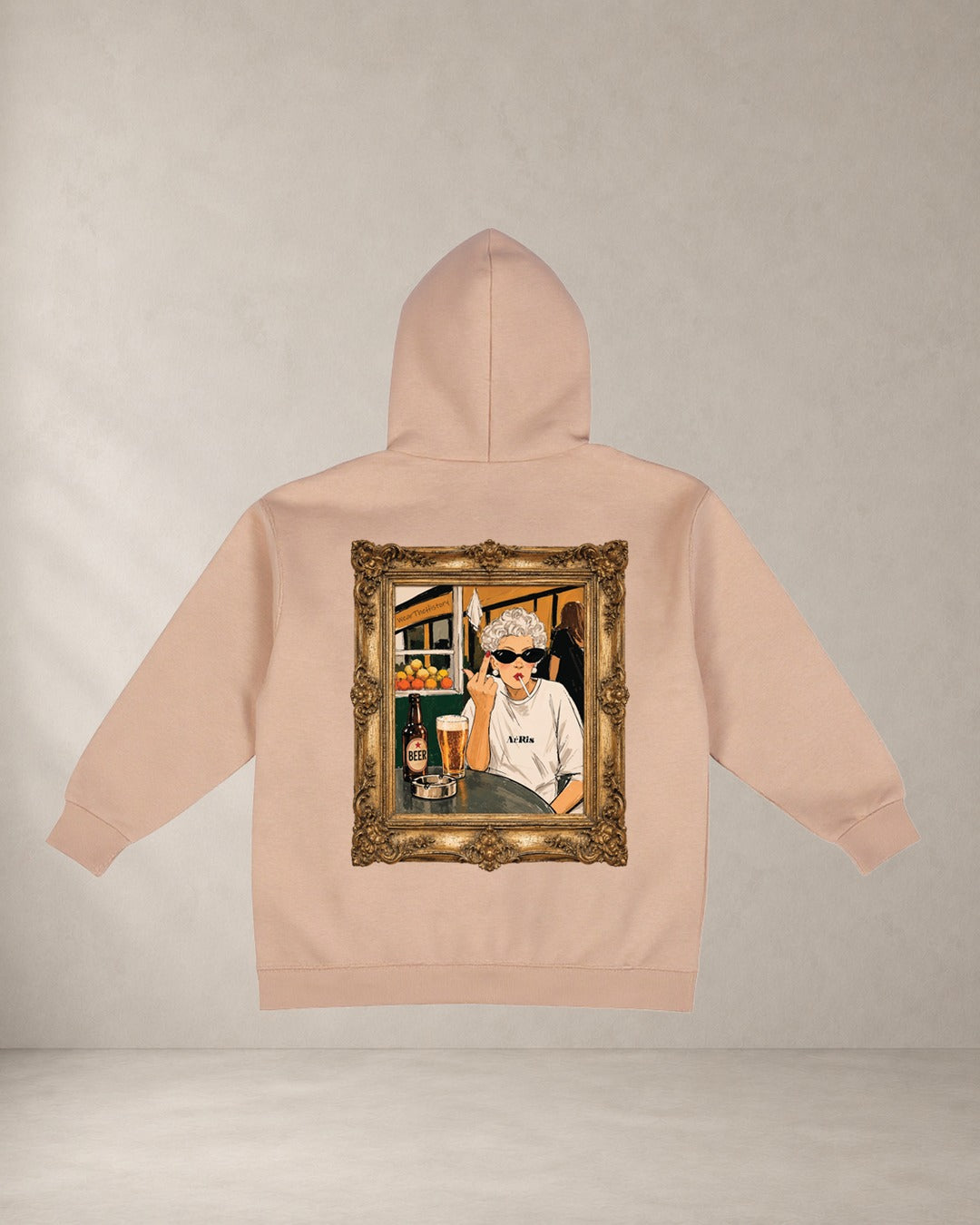 HOODIE GRANNY, oversized hoodie AέRis, πίσω όψη σε μπεζ