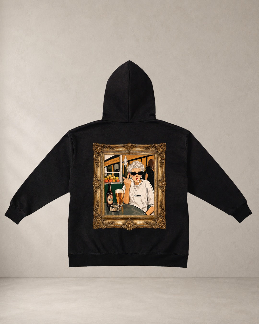 HOODIE GRANNY, oversized hoodie AέRis, πίσω όψη σε μαύρο