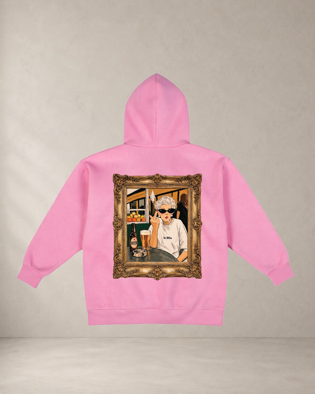 HOODIE GRANNY, oversized hoodie AέRis, πίσω όψη σε ροζ