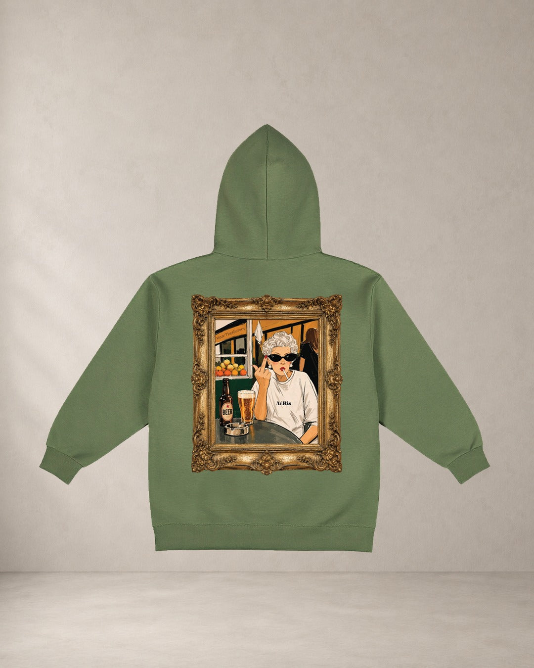 HOODIE GRANNY, oversized hoodie AέRis, πίσω όψη σε χακί