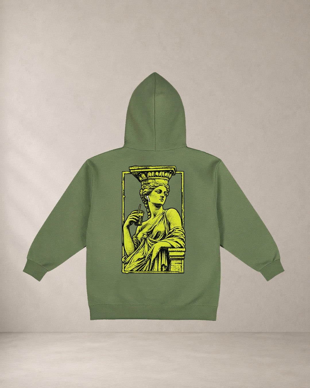 HOODIE KARYATIDA, oversized hoodie AέRis, πίσω όψη σε χακί
