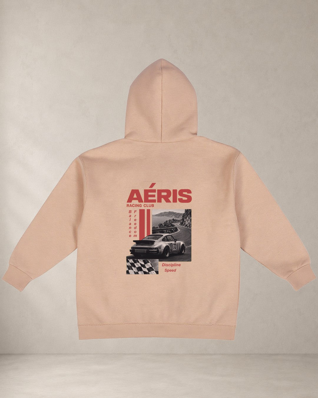 HOODIE RACING, oversized hoodie Aeris, πίσω όψη σε μπεζ