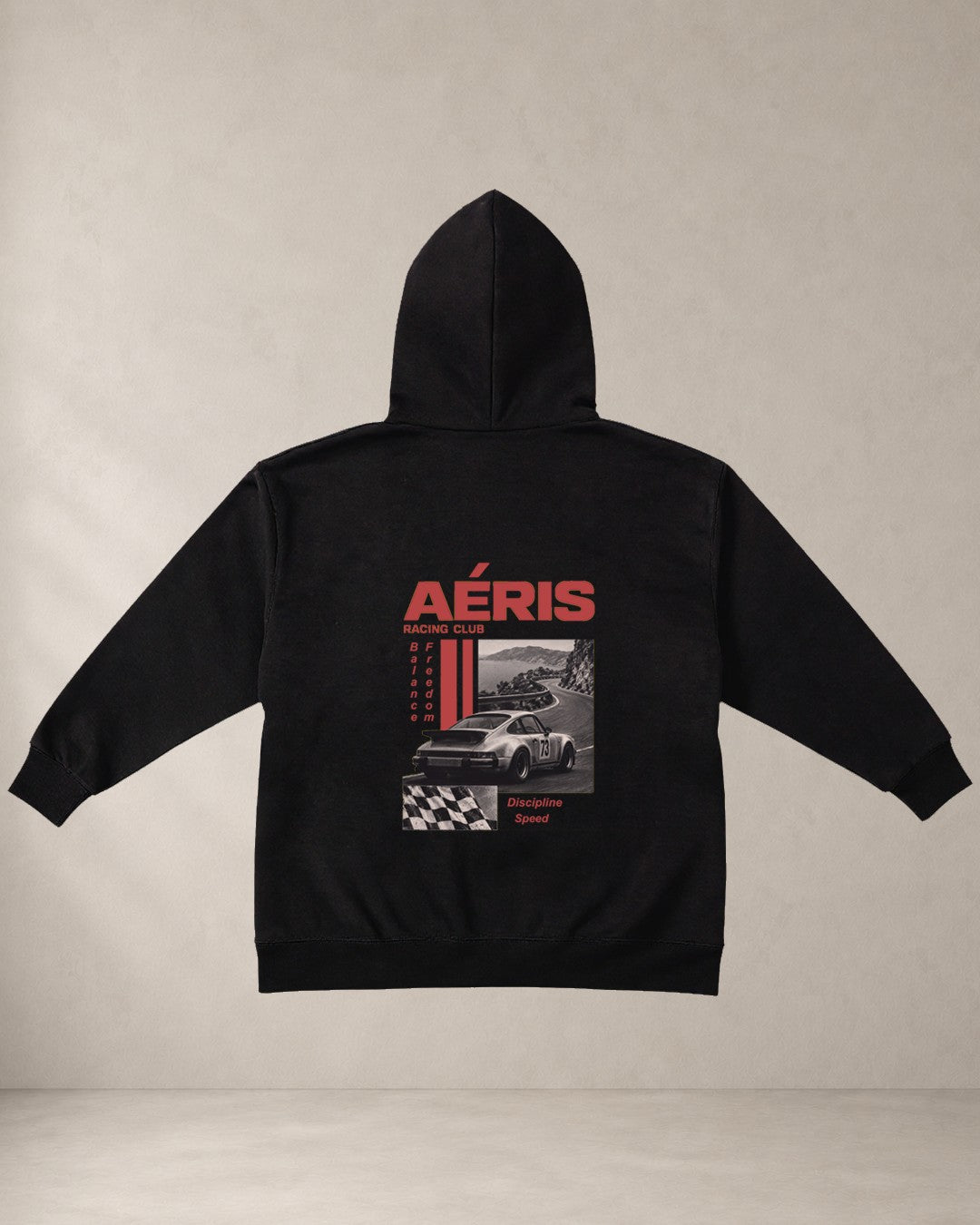 HOODIE RACING, oversized hoodie Aeris, πίσω όψη σε μαύρο