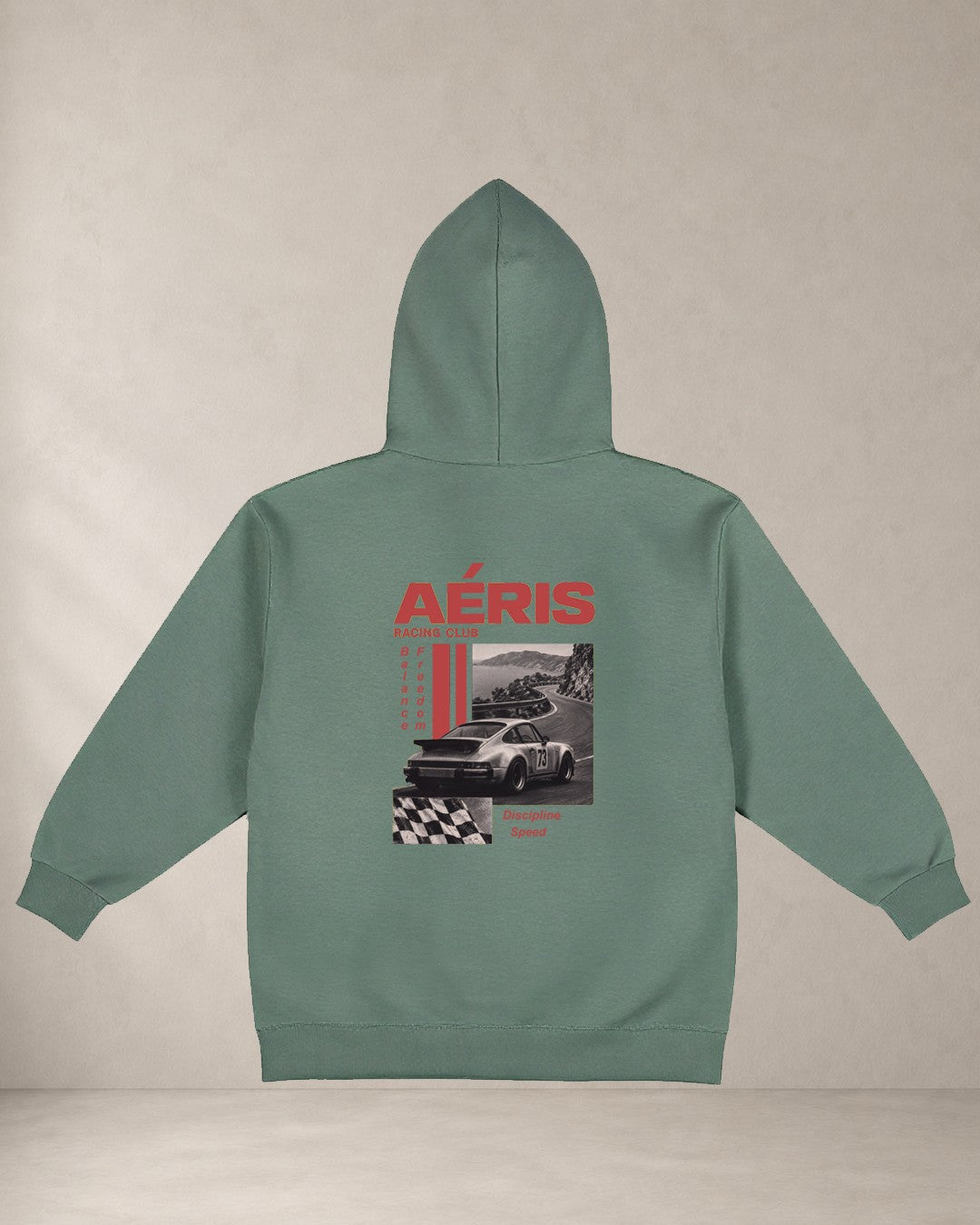 HOODIE RACING, oversized hoodie Aeris, πίσω όψη σε φυστικί