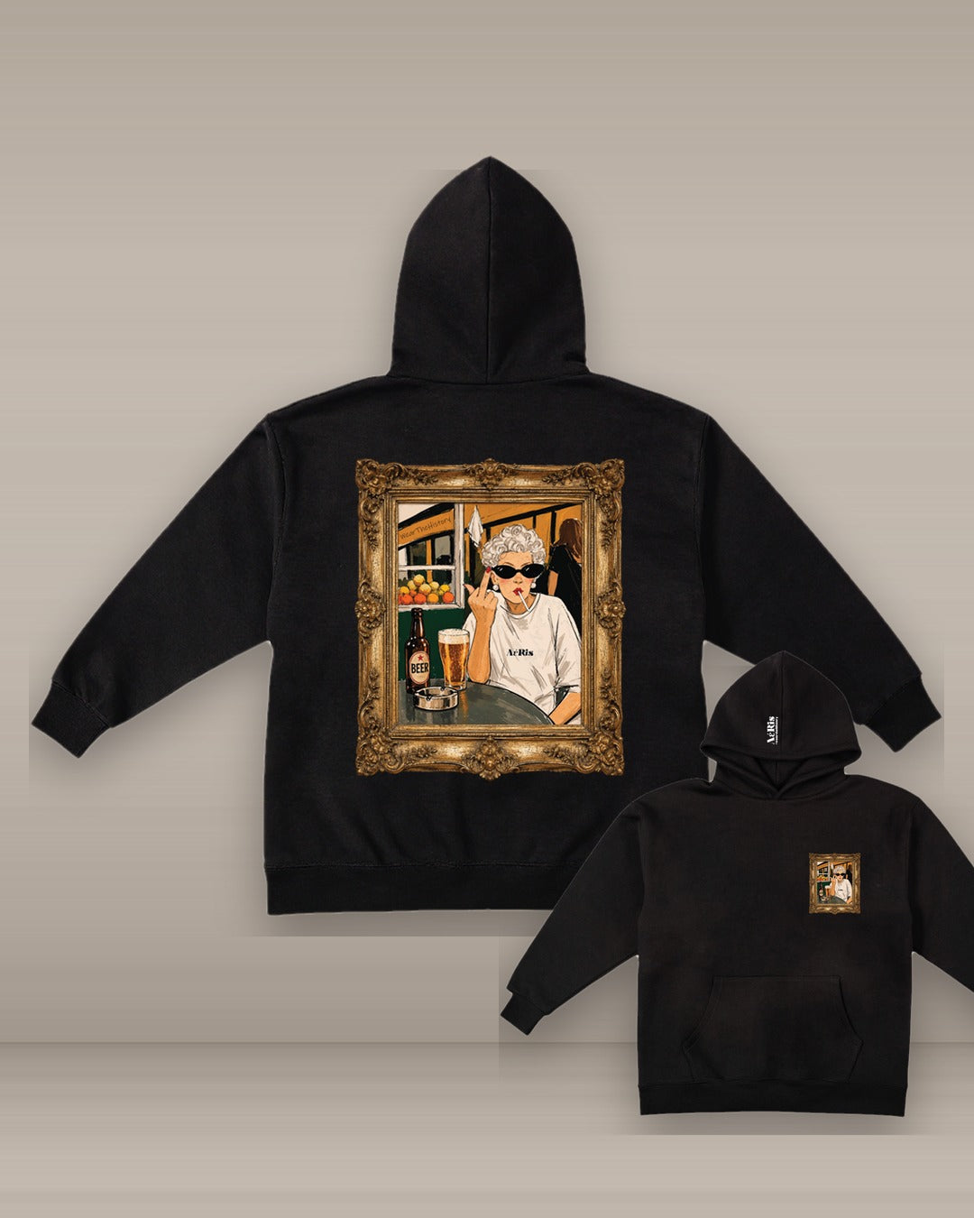 HOODIE GRANNY, oversized hoodie AέRis, πίσω και μπροστά όψη