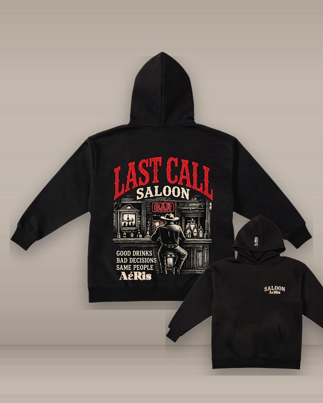 HOODIE SALOON, oversized hoodie AέRis, πίσω και μπροστά όψη