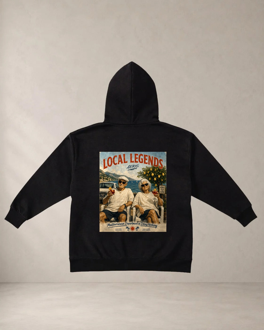HOODIE LOCAL LEGENDS, oversized hoodie AέRis, πίσω όψη σε μαύρο