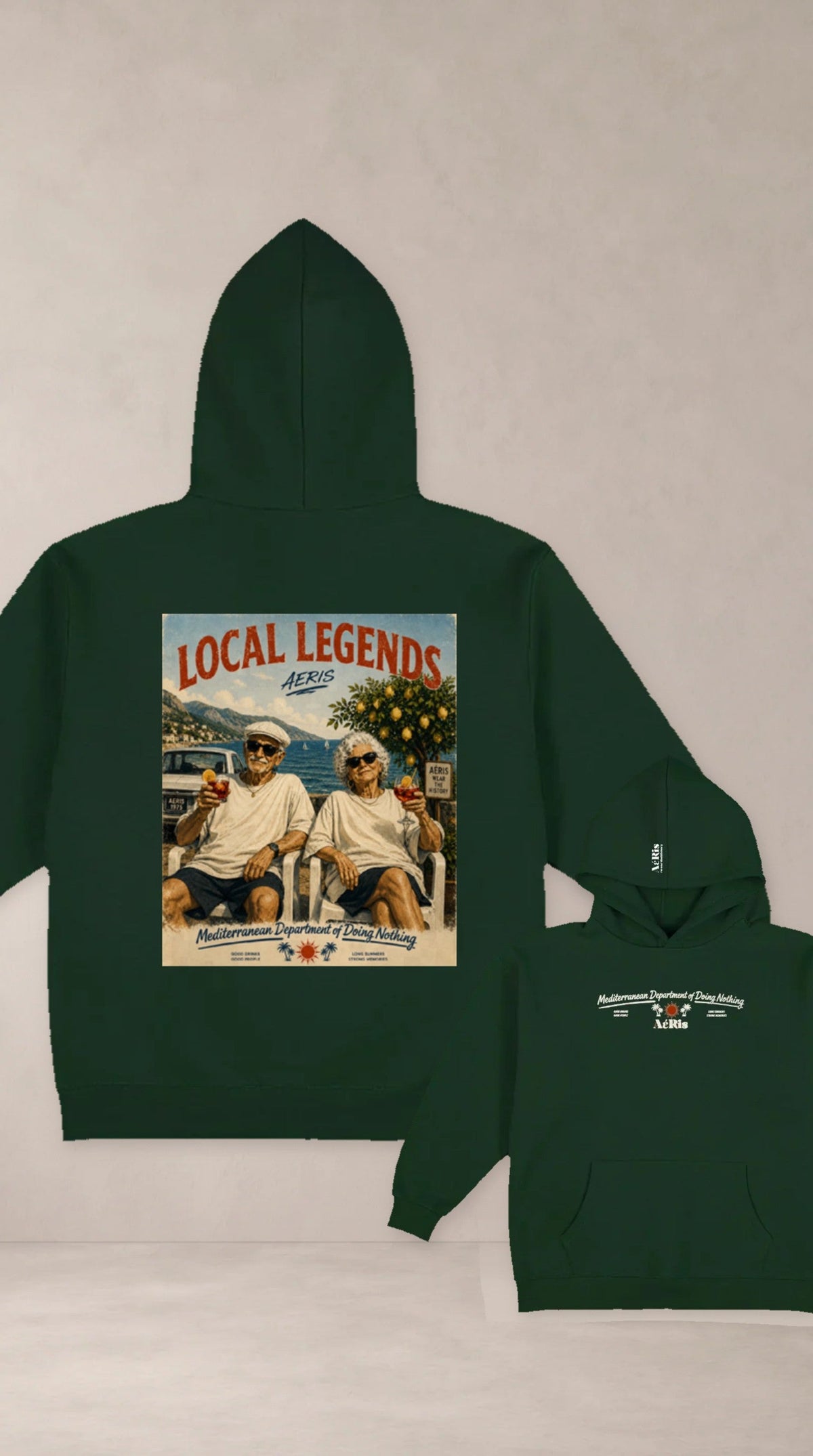 HOODIE LOCAL LEGENDS, oversized hoodie AέRis, πίσω και μπροστινή όψη σε κυπαρίσσι