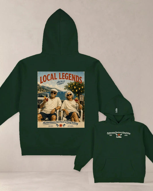 HOODIE LOCAL LEGENDS, oversized hoodie AέRis, πίσω και μπροστινή όψη σε κυπαρίσσι