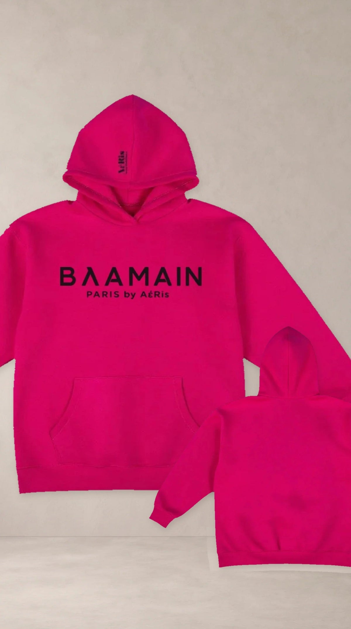 HOODIE ΒΛΑΜΑΙΝ, oversized hoodie AέRis, μπροστινή και πίσω όψη σε φουξ